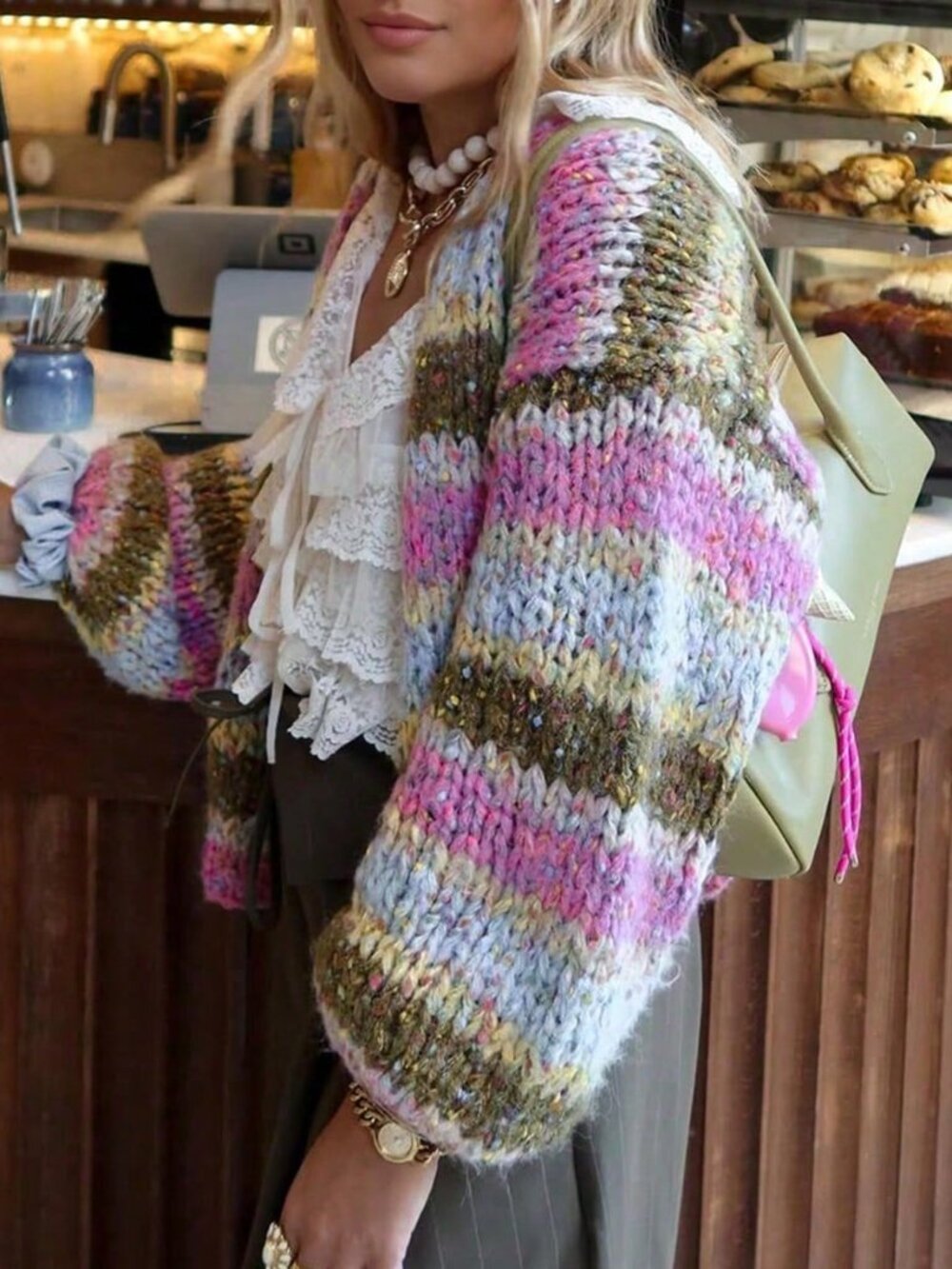 Multicolor Casual Women's V Neck Bishop Sleeve Chunky Knit Cardigan